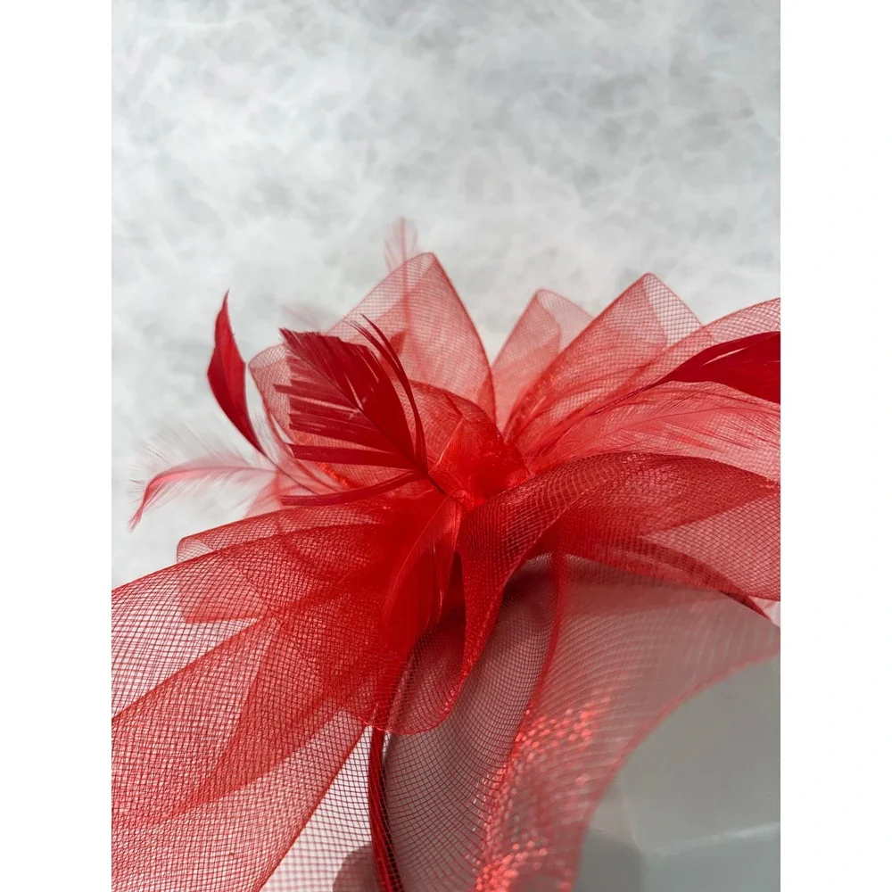 Bellissima‎ Millinery Red Fascinator Headband Mesh Feather Kentucky Derby Hat